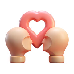 Two heads facing each other flanked by a pink heart symbol representing love and relationships 3d rendering icon