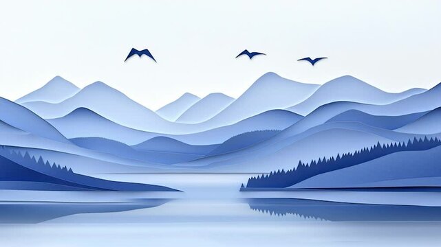 Papercut landscape of mountains, lake, and birds
