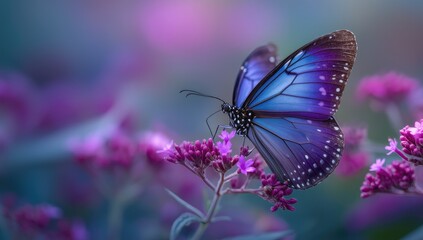 Naklejka premium Vibrant blue butterfly on purple flowers