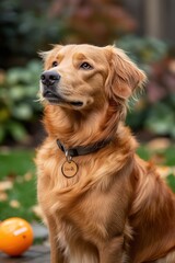 Obraz premium Cute Golden Retriever Playing with Ball Toy in Park