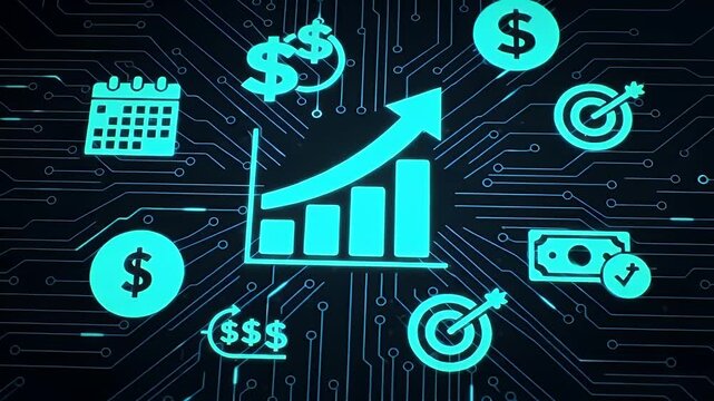 Graphical Financial Growth Illustration with Rising Bar Graph Dollar Signs Target and Calendar on a Blue Circuit Board