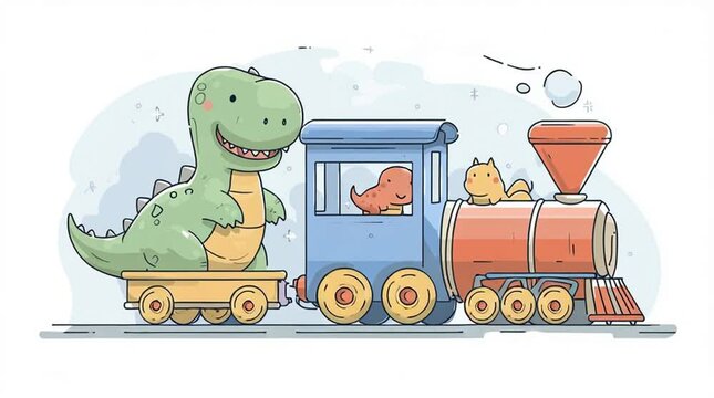 cartoon train with a dinosaur and two cats on it. The train is blue and red. The dinosaur is smiling and has its mouth open