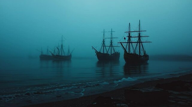 Misty harbor, dark ships at dawn
