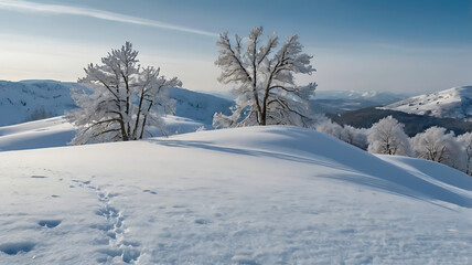 Obraz premium Winter wonderland landscape with frosted trees on a snow-covered hill.
