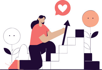Woman Climbing Stairs Towards Growth and Self-Improvement with Heart Icon
