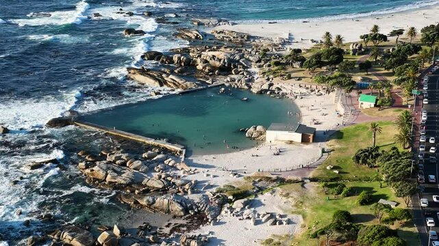 Aerial view of Camps Bay beach, Cape Town, South Africa.