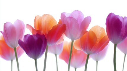Colorful tulips bloom in soft light with shades of pink and purple. This floral image captures the beauty of spring in a delicate and elegant style. Perfect for nature lovers. AI