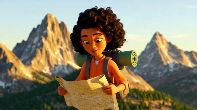 Animated hiker reviews a map in mountainous terrain, sunlit