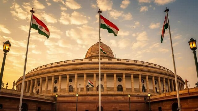 India independence day neoclassical building with flags at sunset national symbol of pride and heritage architectural landmark with warm golden hour lighting
