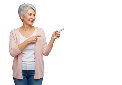 Smiling woman in pink cardigan pointing to the right side space on transparent background - Powered by Adobe