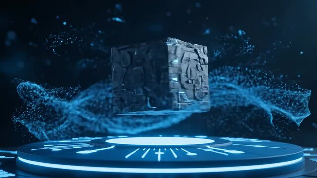 A cube hovers above a circular platform surrounded by blue digital particles in a dark setting