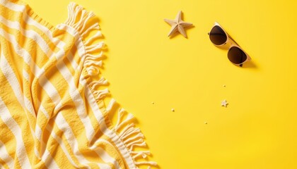 top view of a flat lay composition with yellow beach towel, sunscreen, starfish
