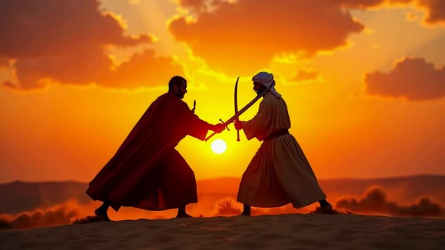 Two Bedouin warriors engage in a fierce duel under a vibrant crimson sunset in the Arabian desert. Flowing robes and curved scimitars define their movements as sand rises around them.