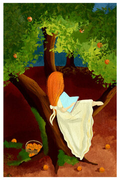 A girl with red hair and a white dress reads a book while sitting on a tree. Autumn vibes. Watercolor illustration for children.
