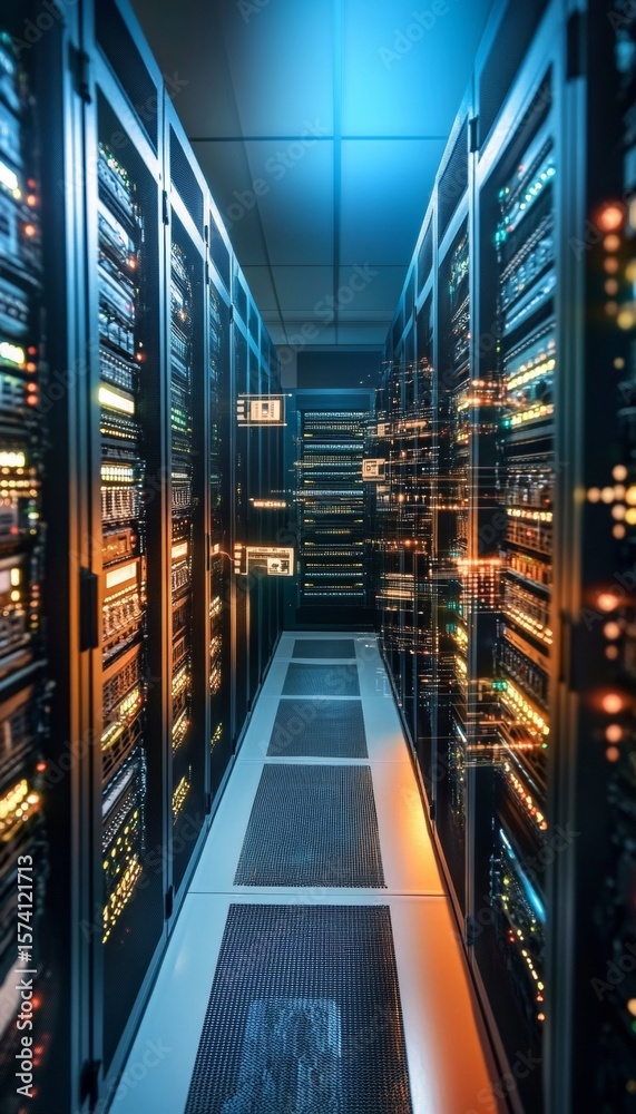 Poster cutting-edge information technology center showcasing server architecture and networking solutions