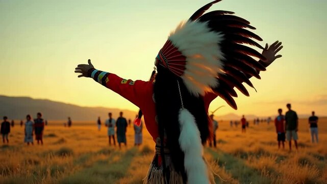 A Lakota Indian performer showcases the eagle dance, flapping arms like wings while spinning gracefully. The sun sets behind him, creating a breathtaking backdrop in the open field.