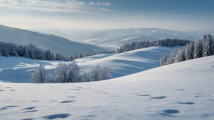 Obraz premium Snow-covered mountain landscape, winter wonderland with frosted trees and rolling hills.