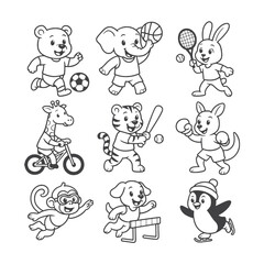 Adorable cartoon animals playing various sports. ideal for kids, coloring books, and fun educational materials.