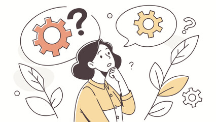 A thoughtful woman pondering ideas, surrounded by gears and leaves, symbolizing problem-solving and creativity.