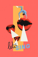 Trend artwork template design 3D collage sketch of young lady stretching stand hands huge mouth...