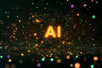 A glowing representation of AI in a digital cosmos filled with vibrant particles.