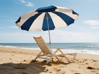 Empty Beach Lounge Under Striped Umbrella