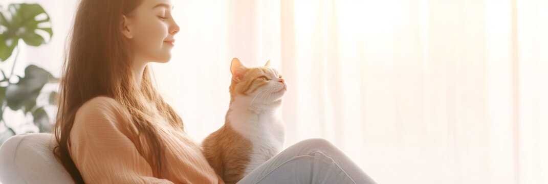 Young woman relaxing on a sofa with her ginger and white cat, soaking up sunlight from a nearby window in a peaceful home, promoting stress relief and wellbeing