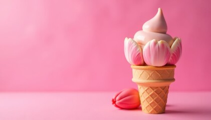 Pink backdrop, ice cream in tulip-adorned cone , vibrant, photography