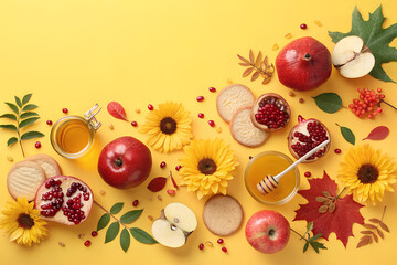Rosh Hashanah autumn harvest flat lay with apple, honey, pomegranate, and sunflower. Sweet, traditional food and holiday symbols on a yellow background generative ai
