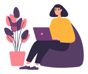 Young Woman Working on Laptop in Cozy Modern Workspace Illustration