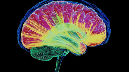 3D rendered human brain anatomy; complex inner structure,  shown in vibrant colors; medical/educational use