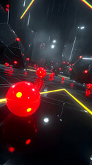 Futuristic abstract interior scene with red spheres