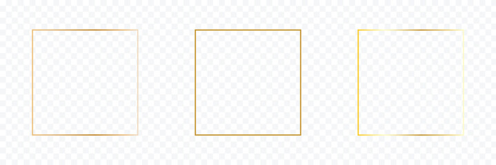 Square shiny frames with glowing effects. Set of three gold square frames with shadows on transparent background. Vector illustration . EPS 10 . 