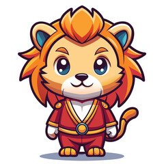 Cute lion cartoon character in a red outfit