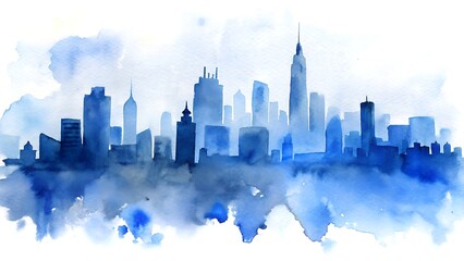 A Watercolor Painting of a Blue City Skyline with Foggy Clouds and Reflective Water