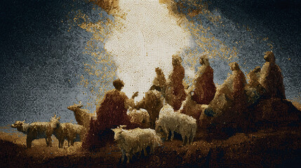 christian pixel art, pixel art, retro, vintage, 8-bit, 16-bit, landscape, sunset, sunrise, sun, light rays, figures, people, robes, spiritual, religious, biblical, art, artistic, digital art, illustra