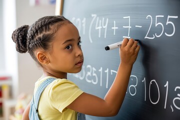 A young african american girl concentrates on solving a math problem on a chalkboard
