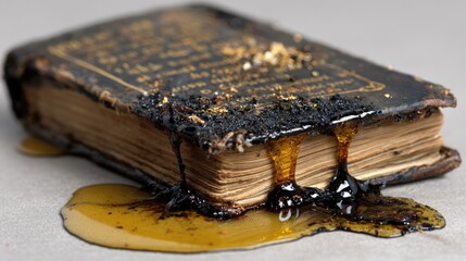 Burnt antique book restoration studio photography artistic close-up heritage conservation