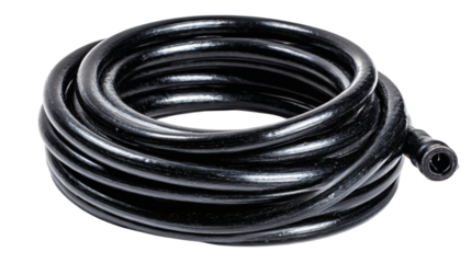 Electrical black cable coiled or extended, isolated on transparent 