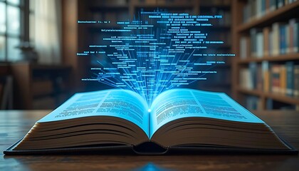 Fototapeta premium Illuminated Open Book with Glowing Digital Information Bursting from Pages in a Library