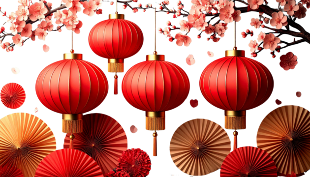 Chinese New Year lanterns and decorations with beautiful flowers in pink and red tones on a white background