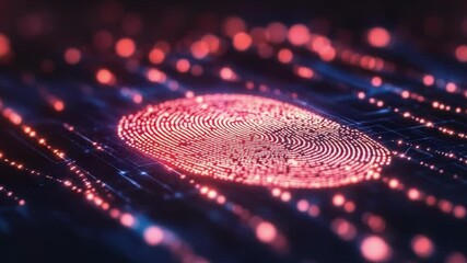 A glowing red fingerprint scan on a digital circuit board, with blurred bokeh lights in the background creating a futuristic and technological aesthetic
