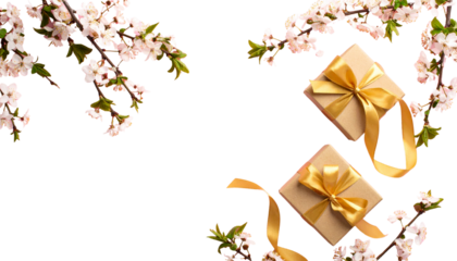 Golden ribbon and bow decorates Christmas gift box on white background