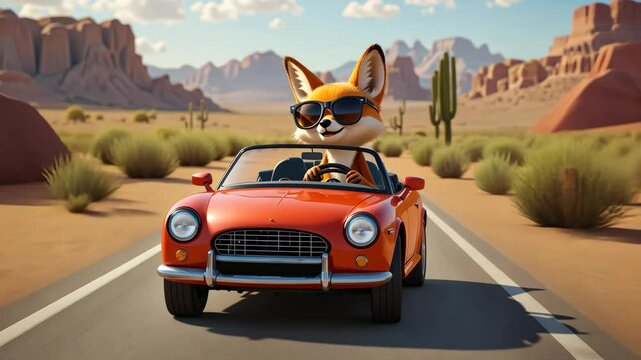 3d cartoon fox character driving red convertible car on desert road with cacti under blue sky. Concept of fun animation and adventure