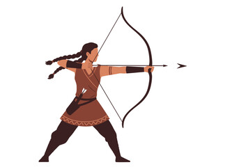 Archer Woman with Braids Aiming Bow and Arrow Ready to Shoot.