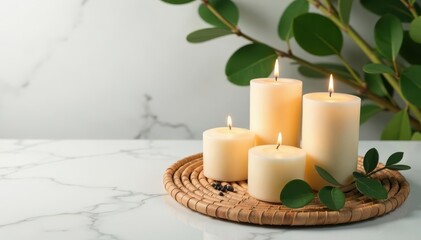 Candles, eucalyptus, rattan mat on marble Top view , light, still life, texture
