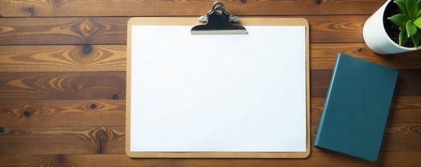 Clean clipboard with blank sheet, wooden surface Portfolio or presentation template , design element, paper