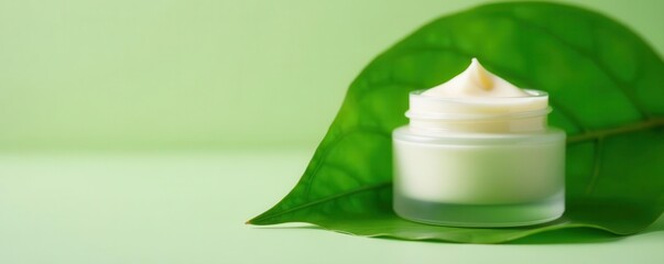Cream jar on vibrant green leaves; eco-friendly packaging , treatment, foliage, pure