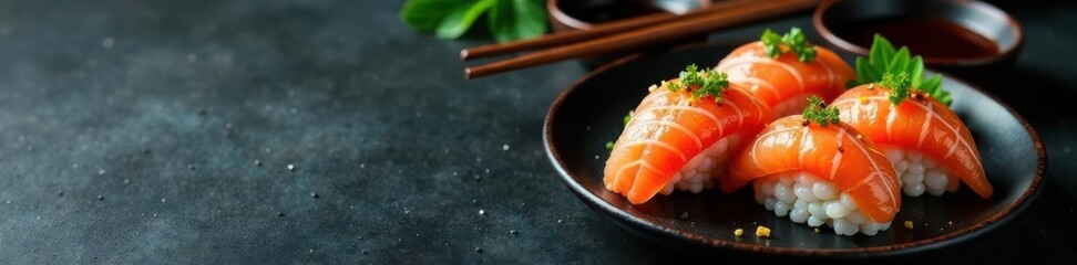 Elegant sushi arrangement, soy sauce, dark backdrop; overhead shot , composition, rolls, dark mood