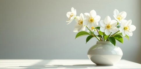 Elegant white blooms in minimalist ceramic vase Soft natural light bathes the serene spring scene , simple decor, simple